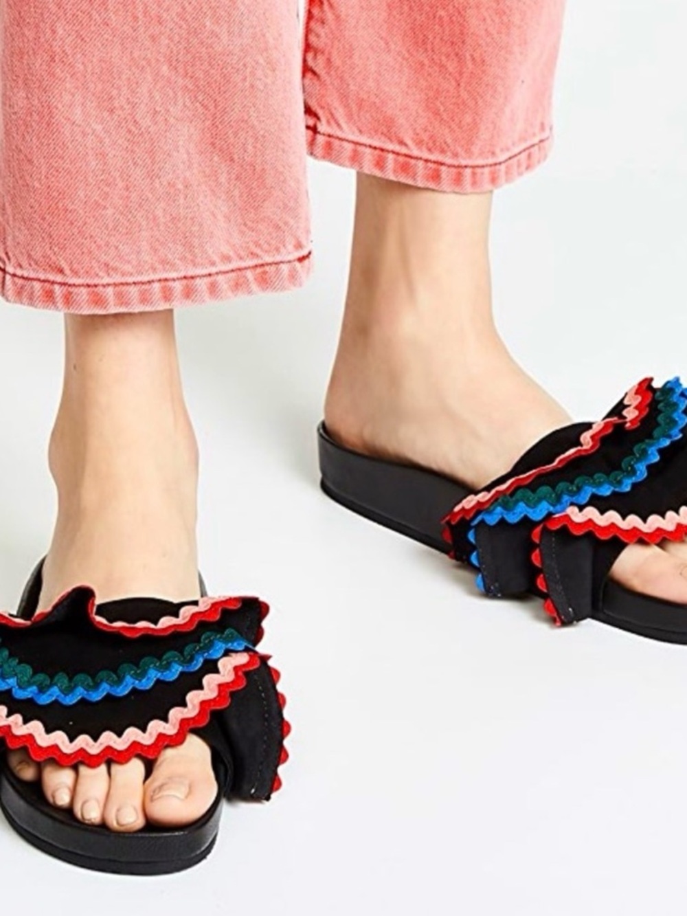 Loeffler Randall Black Slides with Multicolor Ruffle Trim